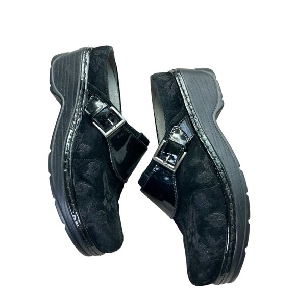 KLOGS Black Floral Leather Clogs Women's 7.5 Slip On Buckle Suede Arch Support - Picture 5 of 16